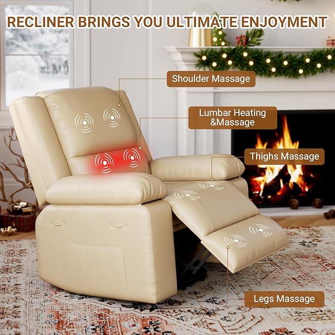 PU Leather Electric Power Lift Chair, Recliner Massage Chair with Remote Control and Side Pocket for Elderly, Power Lift Recliner Sofa with Heat and Massage for Living Room, Bedroom, Beige