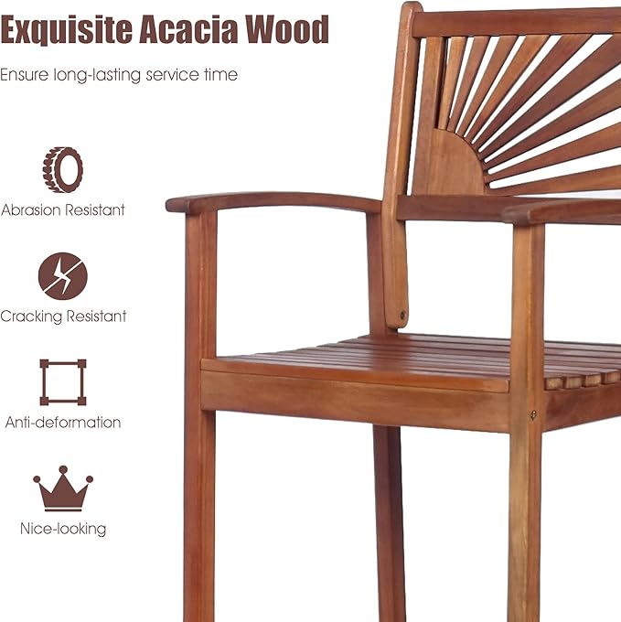 COSTWAY Bar Stools Set of 4, Outdoor Acacia Wood Bar Chairs with Sunflower Backrest, Curved Armrests & Breathable Seat, Ideal for Balcony, Sunroom, Patio, Easy Assembly