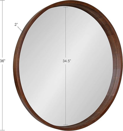 Kate and Laurel Hutton Round Wood Wall Mirror, 36" Diameter, Walnut Brown, Geometric Modern Farmhouse Wall Decor