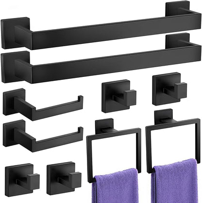 10-Pieces Towel Racks for Bathroom, Matte Black Bathroom Accessory Set, Stainless Steel Black Bathroom Accessories, SUS304 Stainless Steel Wall Mounted, Bath Towel Bar Set