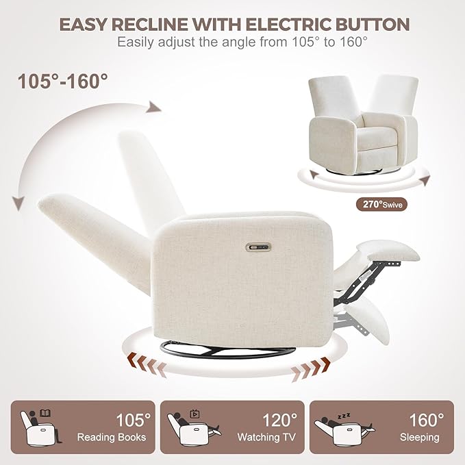 Power Recliner Chair, Swivel Rocker Recliner with USB A/C Charging Ports & Smooth Swivel Motion, Chenille Upholstered Rocking Chair for Nursery,Living Room, Bedroom, Set of 2, Cream