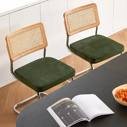 Green Rattan Dining Chairs Set of 2, Wooden Mid-Century Modern Kitchen Chairs, Mesh Back Cane Dining Room Chairs, Cesca Chair with Metal Chrome Legs