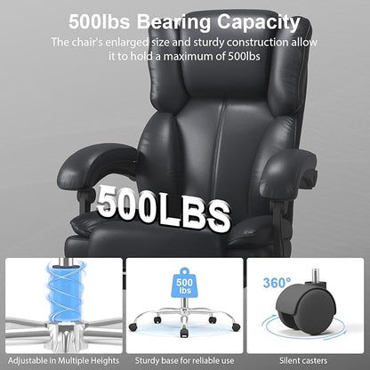 Big and Tall Office Chair, Executive Home Office Desk Chair, Leather Computer Chair with Retractable Footrest, Adjustable Headrest and Reclining Height, Padded Arms, 360°Swivel Free, Wide Seat, Black