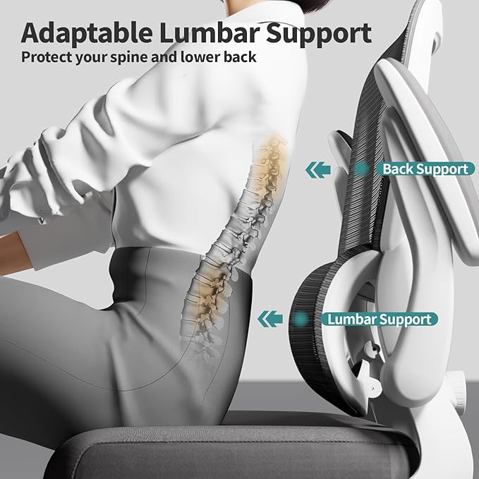 TRALT Office Chair - Ergonomic Desk Chair with Adjustable Lumbar Support, Mesh Computer Chair, Executive Chairs for Home Office Comfortable Lumbar Support (White)
