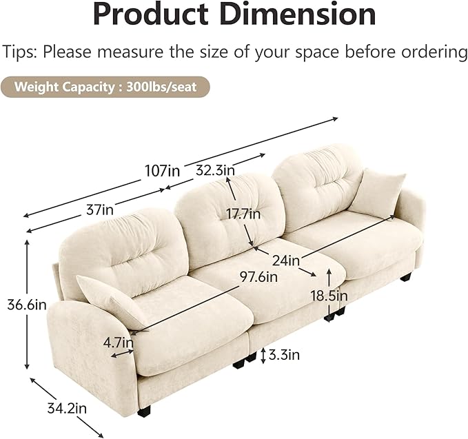 107" Sofas for Living Room, Comfy Chenille Fabric Cloud Sectional Couch, Modern Upholstered Deep Seat Sofa with Armrest Pillow, 3 Seater Couch for Small Spaces Apartment, Beige