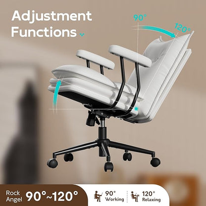 White Leather Office Chair with Wheels, Triple-Layers Thicken Wide Seat Height Adjustable, Mid Back, Comfy Desk Chair for Home, Office