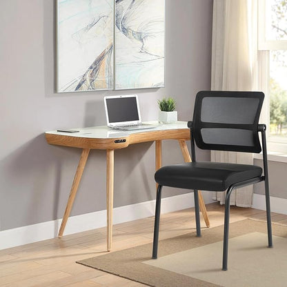CLATINA Stackable Waiting Room Chair with Adjustable Mesh Backrest, Armless Office Guest Reception Chairs with Ergonomic Lumbar Support and Leather Cushion for Conference Lobby Side School, Black