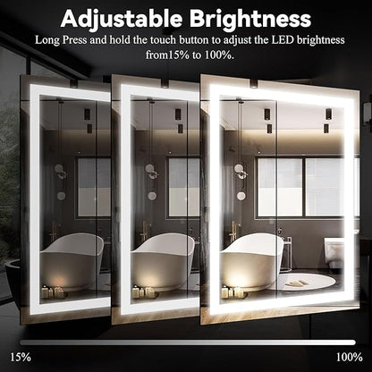 VooBang LED Wall Mounted Mirror with Lights, 24x32 inches Bathroom Mirror, Button to Adjust Lights, Three Lighting Modes, Tempered Glass with Anti-Fog Function, Suitable for Vanity and Bedroom, White