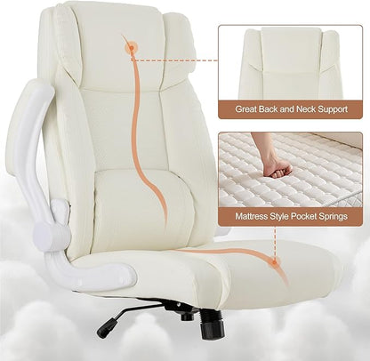 Office Desk Chair,Ergonomic Conference Room Chairs,Mid Back Executive Leather Chair,Comfy Computer Desk Chairs with Adjustable Flip-Up Arms and Rocking Function (Beige)