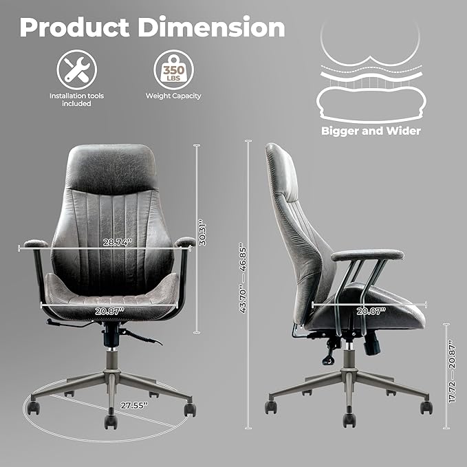 ovios Home Office Ergonomic Chair, Mid-Century Modern Luxury Faux Suede Leather Chairs, Comfy High Back Computer Swivel Rolling Task Armchair for Executive, Grey