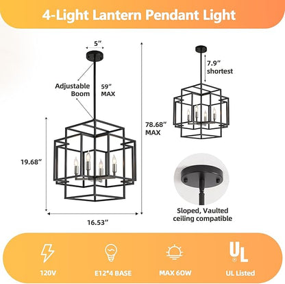 4-Light Farmhouse Chandeliers for Entryway, Industrial Foyer Lighting Fixtures, Foyer Chandeliers for High Ceilings, Modern Pendant Lights for Staircase Dining Room Kitchen Island, Black & Silver