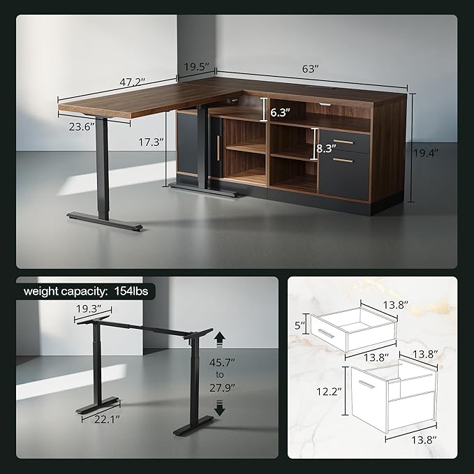 67" Standing Desk with 2 File Cabinets, AC/USB, 1.18" Desktop, L Shaped Height Adjustable Electric Stand Up Desk, Multiple Functions for Home and Office, Black Walnut