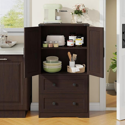 Farmhouse Bathroom Storage Cabinet with 2 Big Drawers and Barn Doors, Kitchen Pantry, Freestanding Storage Cabinet with Adjustable Shelves for Bathroom, Living Room, Kitchen(Espresso)