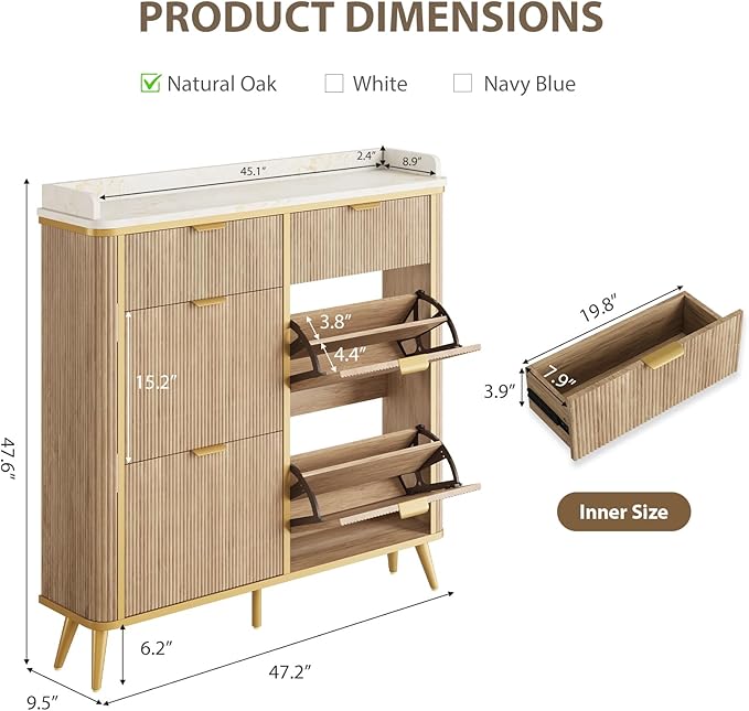 Fluted Shoe Storage Cabinet with 4 Flip Drawers & 2 Drawers, Freestanding Hidden Shoe Organizer with Adjustable Shelves, Wood Narrow Shoe Rack Cabinet for Entryway, Foyer, Hallway, Natural Oak