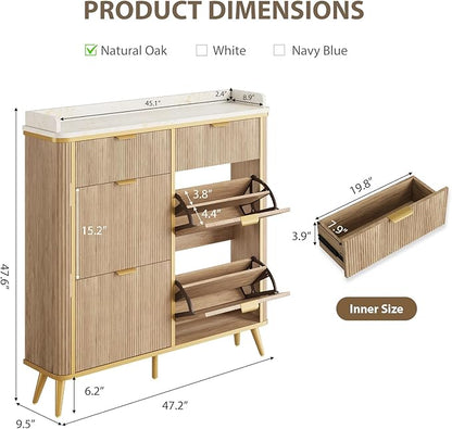 Fluted Shoe Storage Cabinet with 4 Flip Drawers & 2 Drawers, Freestanding Hidden Shoe Organizer with Adjustable Shelves, Wood Narrow Shoe Rack Cabinet for Entryway, Foyer, Hallway, Natural Oak