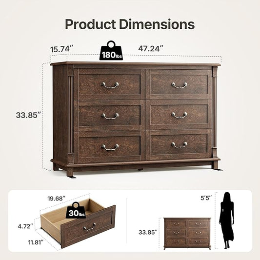 Amada 6 Drawers Dresser for Bedroom, Farmhouse 47" Wide Dresser & Chest of Drawers with Roman Column Design, Large Storage Organizer with 6 Drawer Sizes for Bedroom, Living Room