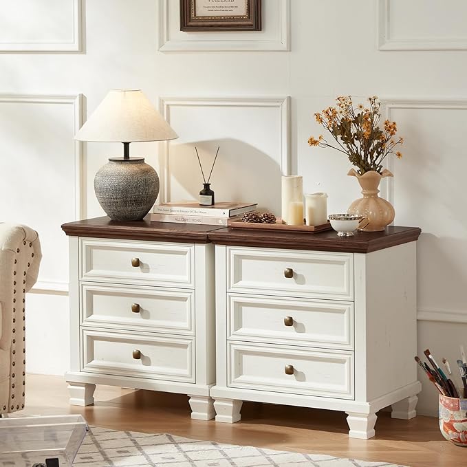 Farmhouse Bedroom Dresser and Nightstand Set of 4, 6 Drawer Tall & Low Dresser & 3 Drawer Nightstand Set with Wooden Legs, Rustic Wood Bedroom Furniture Sets for Livingroom, Hallway, White