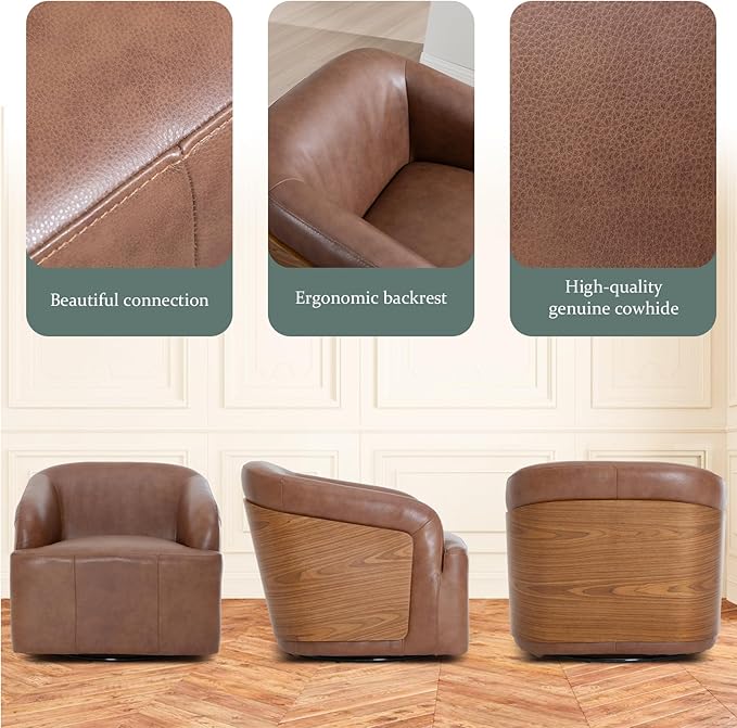 Genuine Leather Swivel Accent Chair Swivel Barrel Chair Comfortable Mid Century Modern Chair Upholstered Metal Base Armchair for Living Room Bedroom Office Large Vintage Brown