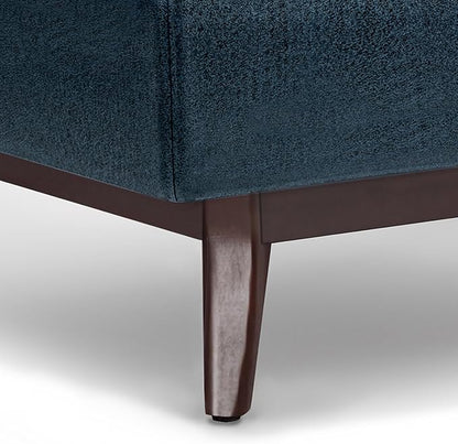SIMPLIHOME Owen 34 inch Wide Mid Century Modern Rectangle Coffee Table Storage Ottoman in Distressed Dark Blue Vegan Faux Leather, Assembled, for the Living Room, Entryway and Family Room
