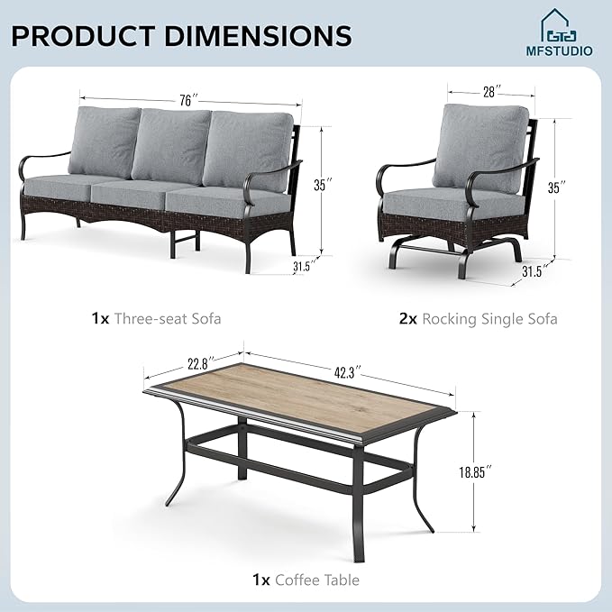 MFSTUDIO 4 Pieces Outdoor Patio Furniture Set, Metal Outdoor Conversation Set, Rattan Wicker Patio Sectional Sofa Set with 2 x Rocking Single Sofa, 3-Seat Sofa, 1 x Coffee Table, Grey
