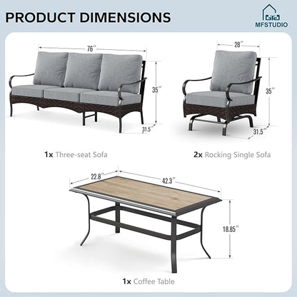 MFSTUDIO 4 Pieces Outdoor Patio Furniture Set, Metal Outdoor Conversation Set, Rattan Wicker Patio Sectional Sofa Set with 2 x Rocking Single Sofa, 3-Seat Sofa, 1 x Coffee Table, Grey