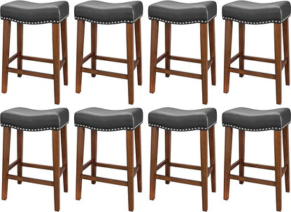 PrimeZone Counter Height Bar Stools Set of 8 - Backless Saddle Barstools with 4.3" Thick Upholstered, Nailhead Trim Faux Leather & Solid Wood Legs, 26 Inch Counter Stools for Kitchen Island, Black