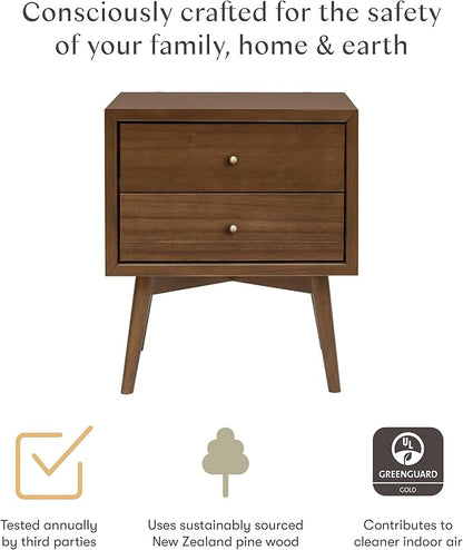 Babyletto Palma 2-Drawer Assembled Nightstand in Natural Walnut, GREENGUARD Gold Certified, Mid-Century Modern Design