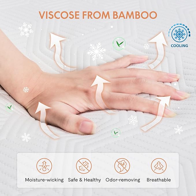 FLEXISPOT 8'' Twin Size Cooling Gel Memory Foam Mattress, Viscose from Bamboo, Medium Firm, 10-Year Warranty, Mattress-in-A-Box, Certi-PUR & Oeko-TEX Certified, Washable, Fire-Resistant.