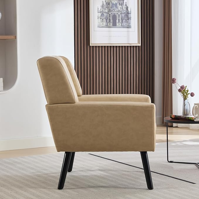 Dolonm Midcentury Modern Leather Accent Chair with Arms, Upholstered Reading Side Chair Tufted Back Decorative Wingback Chair for Living Room Bedroom (Khaki-PU)