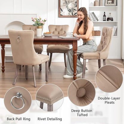 Velvet Dining Chairs Set of 4, Upholstered Dining Room Chairs with Nailhead Ring Pull Trim, Button Tufted Wing Back Chairs for Dining with Solid Wood Legs for Kitchen Dining Room(Khaki)