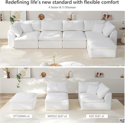138" Boneless Cloud Couch Modular Sectional Sofa with Deep Seat for Living Room, L Shape Couch with Ottoman, Snowflake Cloth and 40D Memory Sponge，2 Throw Pillows (White, 4 Seater+1 Ottoman)
