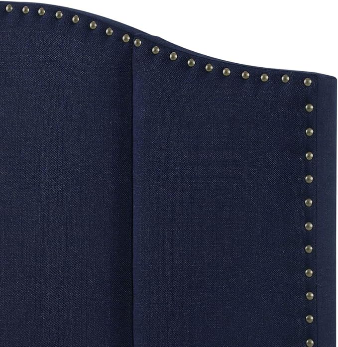 24KF Middle Century Linen Upholstered Tufted Queen Size Headboard with Antique Brass Nails Queen/Full headboard -Navy Blue