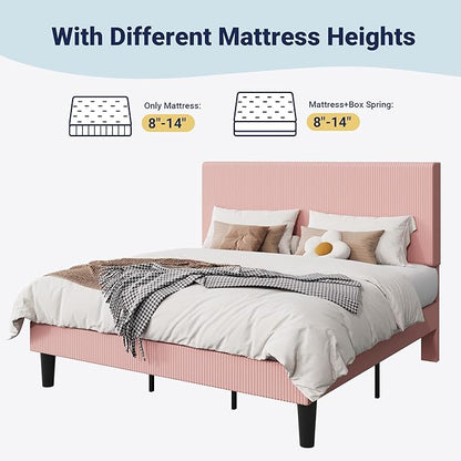 Allewie King Size Upholstered Bed Frame with Vertical Channel Tufted Headboard, Soft Corduroy Fabric Platform Bed, Strong Wooden Slats Support, Easy Assembly, No Box Spring Needed, Light Pink