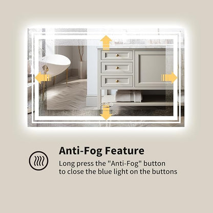 WTTY LED Bathroom Mirror with Backlit and Front Light,40"x24",Stepless Dimmable LED Mirror for Bathroom,Anti-Fog Lighted Bathroom Vanity Mirror Modern for Wall,Memory Function,Shatter-Proof