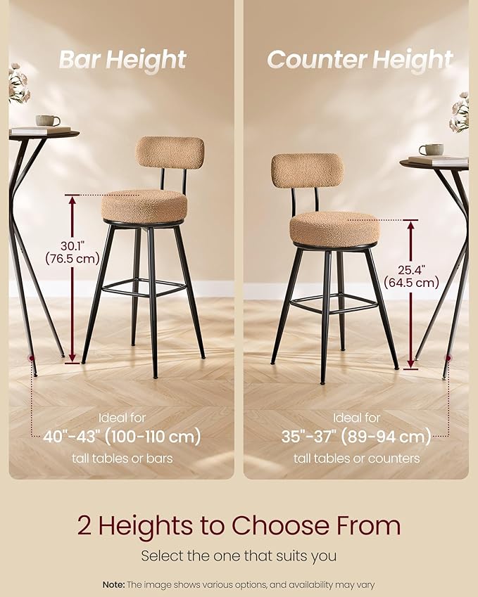 VASAGLE 360° Swivel Bar Stools Set of 2, Counter Height Bar Stools with Back, Boucle Fabric, Contemporary Modern, 25.4 Inch Tall, Kitchen and Home Bar, Camel Brown ULBC130K01V1
