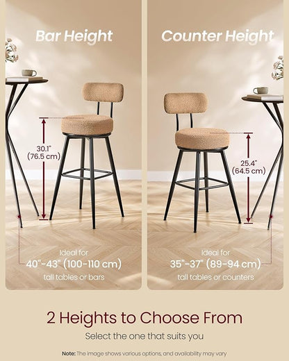 VASAGLE 360° Swivel Bar Stools Set of 2, Counter Height Bar Stools with Back, Boucle Fabric, Contemporary Modern, 25.4 Inch Tall, Kitchen and Home Bar, Camel Brown ULBC130K01V1