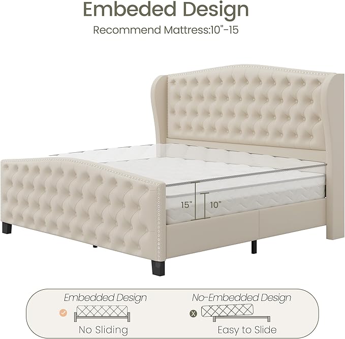 LARMACE King Size Bed Frame Velvet Upholstered Platform Bed with Wingback Headboard & Footbaord, Deep Button Tufted Bed Frame with Wood Slats Support, No Box Spring Needed, Beige