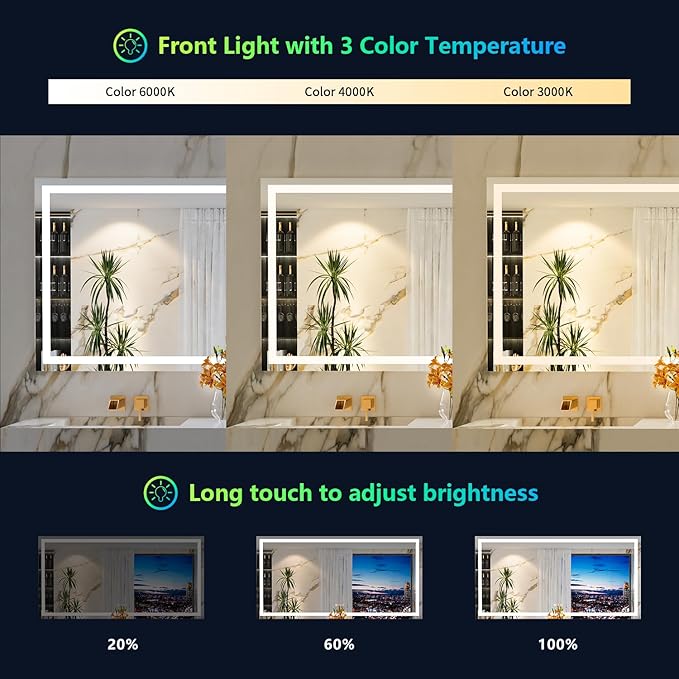 96x36 Inch RGB LED Bathroom Mirror Front Light and RGB Backlit Lighted Vanity Mirror for Bathroom Wall Mounted Dimmable Anti Fog Memory Shatter-Proof IP54 Waterproof Horizontal/Vertical