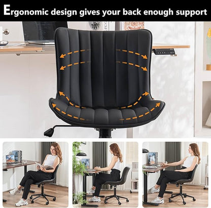 YOUNIKE Black Compact Home Office Desk Chair with Wheels Comfy Armless Cute Vanity Chair with Adjustable Rocking Back Modern Leather Upholstered Rolling Swivel Small Task Drafting Sewing Chair