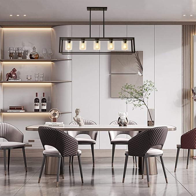 Farmhouse Dining Room Light Fixture Kitchen Island Pendant Lighting Rectangle Black Dining Room Lighting Fixture Modern Pendant Contemporary Chandeliers with Glass Shade Adjustable