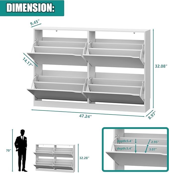 Shoe Storage Cabinet for Entryway with 4 Flip Drawers, Sturdy Wood Hidden Shoe Storage, Freestanding Narrow Slim Shoe Organizer for Front Door Entrance, Living Room, Hallway, Bedroom, White