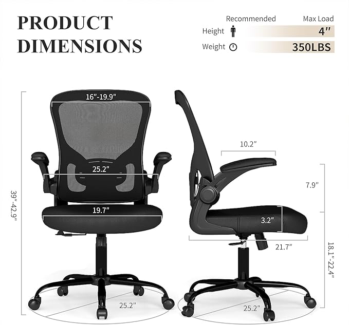 Flysky Mesh Office Chair, Ergonomic Computer Desk Chairs for Home Office - with Comfy/Comfortable Flip-up Arm Rests, Lumbar Support, Height Adjustable, 360 Degree Rolling Swivel (Black)