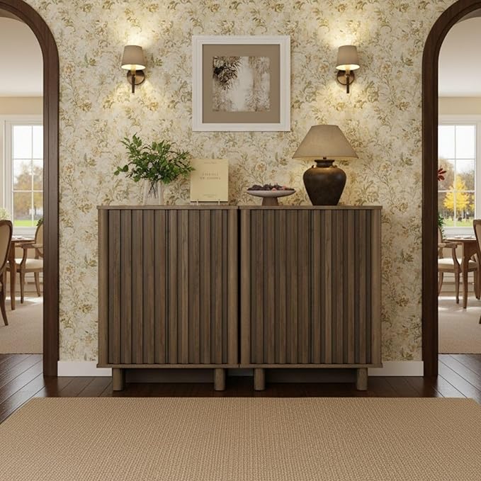 LukeAlon Fluted Sideboard Cabinet with Storage, Mid-Century Modern Accent Buffet Cabinet, 70" Wooden Credenza Cabinets for Living Room Dining Room Entryway Hallway, Walnut Color