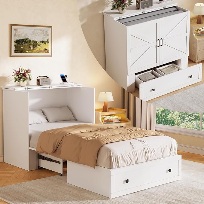 Murphy Bed with Built-in Charging Station, Space-Saving Murphy Bed Chest Twin with Drawer, Foldable, for Home Office Guest Room Bedroom White