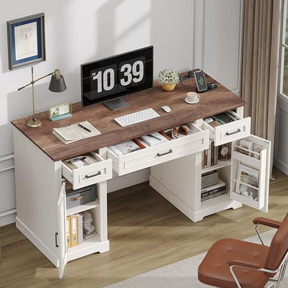 ONBRILL 55 inch Farmhouse Executive Desk with Drawers, Home Office Desk with File Cabinet, Outlets, Storage Cabinet, Keyboard Tray, Wood Computer Desk for Work Study Writing, Off White & Walnut