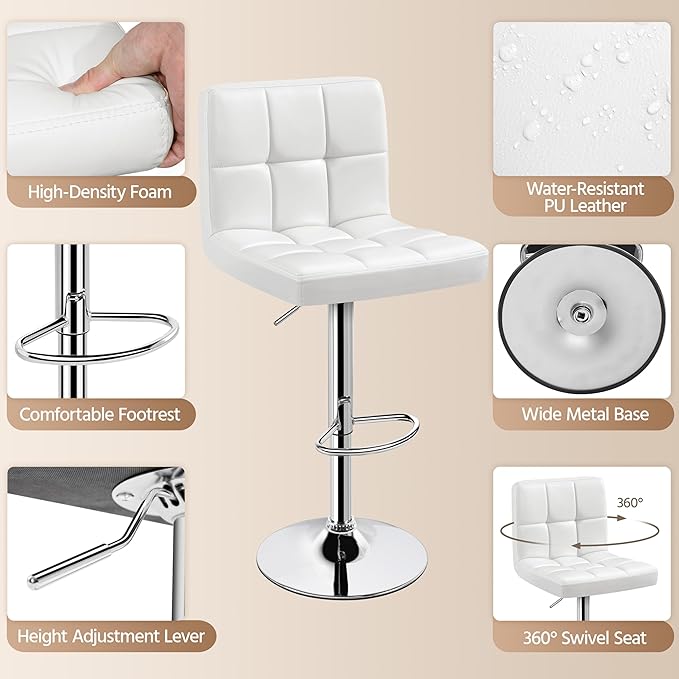 Yaheetech Bar Stools Set of 3, Adjustable PU Leather Swivel Barstools, Modern Counter Stools with Back and Footrest, Counter Height Barstools for Bar, Kitchen, Dining Room, White