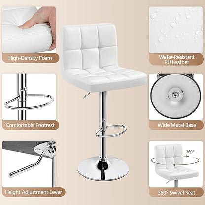Yaheetech Bar Stools Set of 3, Adjustable PU Leather Swivel Barstools, Modern Counter Stools with Back and Footrest, Counter Height Barstools for Bar, Kitchen, Dining Room, White