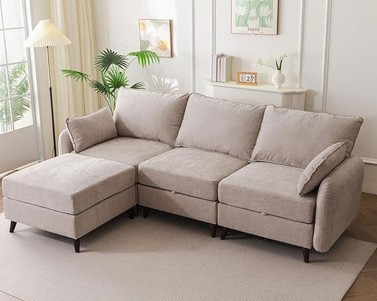 104'' Modular Sectional Sofa with All Seats Storage, Oversized L Shaped Couch for Living Room,3-Seater Comfy Cloud Couches with Movable Ottoman,Big Sectional for Bedroom,Velet,Khaki