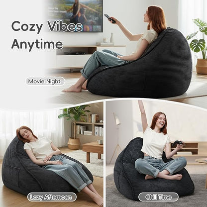 Cloud Bean Bag Chair with Ottoman for Adults, Comfy Corduroy Chaise Lounge Chair with High-Resilience Foam, Oversized Boneless Reading Chair for Bedroom & Living Room (Charcoal)