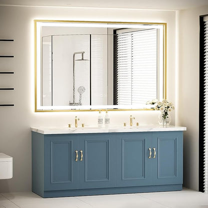 55X36 Inch Led Bathroom Mirror,Frontlit and Backlit Lighted Mirror,Gold Metal Frame Vanity Mirror for Wall,Double Lights Strips,Anti Fog Stepless 3 Colors Temperature & Dimmable